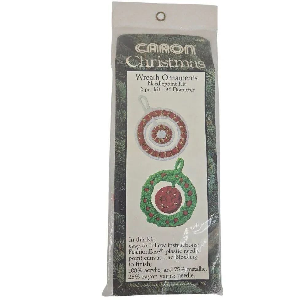 Vintage Caron Christmas Wreath Ornaments Needlepoint Kit 2 Pack 3" Diameter